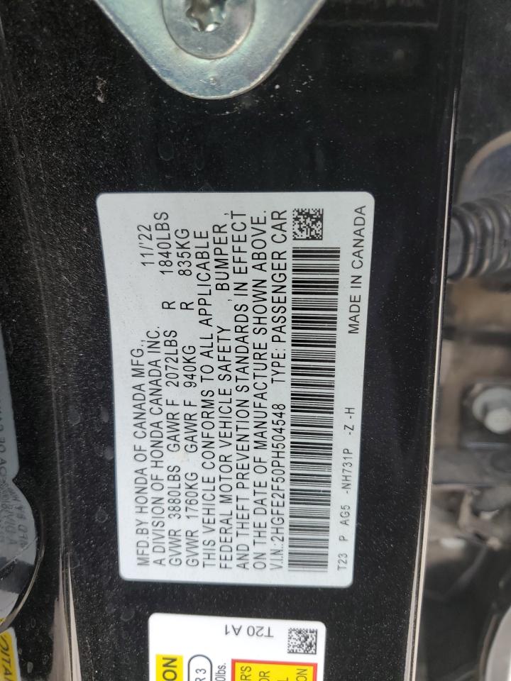 2023 Honda Civic VIN 2HGFE2F50PH504548 Copart auction photo, side / all over damage thumbnail 14