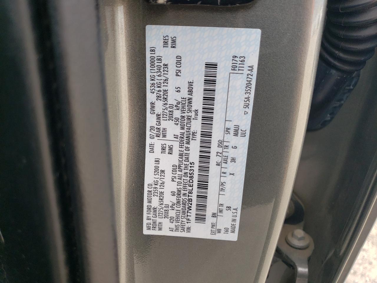 2020 Ford F250 VIN 1FT7W2BT8LED85315 Copart auction photo, rear end damage thumbnail 12