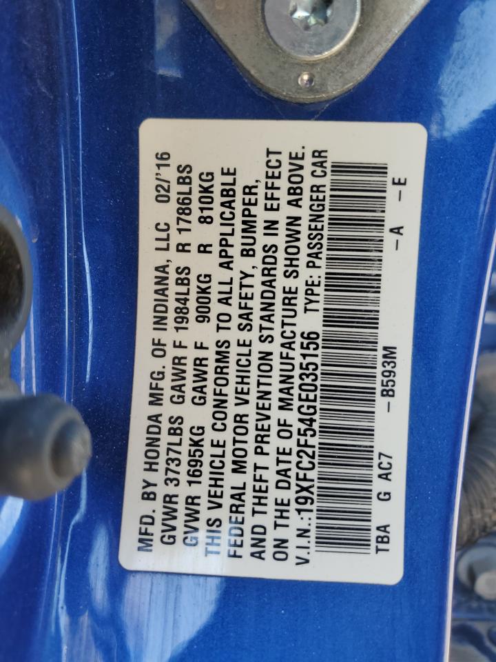 2016 Honda Civic VIN 19XFC2F54GE035156 Copart auction photo, rear end / side damage thumbnail 14