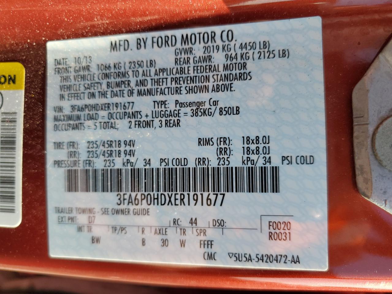 2014 Ford Fusion VIN 3FA6P0HDXER191677 Copart auction photo, front end / side damage thumbnail 15