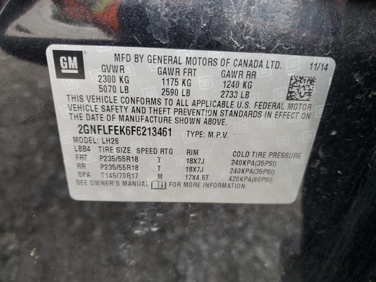 2015 Chevrolet Equinox VIN 2GNFLFEK6F6213461 Copart auction photo, front end / rear end damage thumbnail 13