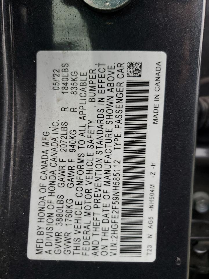 2022 Honda Civic VIN 2HGFE2F59NH585112 Copart auction photo, rear end / minor dent/scratches damage thumbnail 15