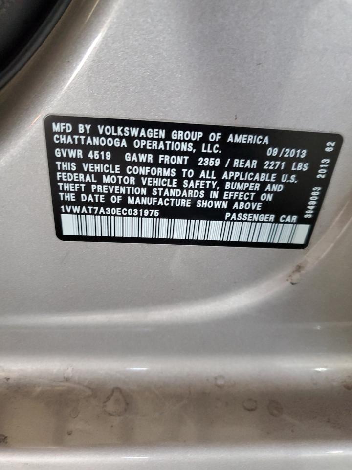 2014 Volkswagen Passat VIN 1VWAT7A30EC031975 Copart auction photo, all over damage thumbnail 12