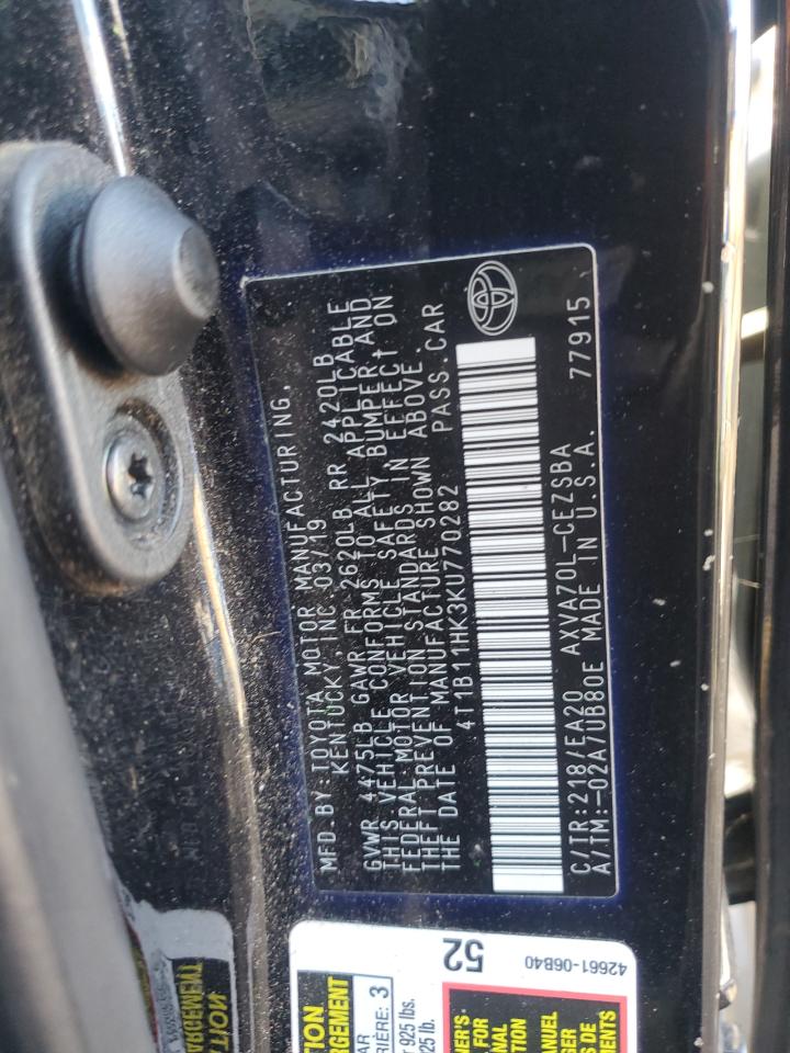 2019 Toyota Camry VIN 4T1B11HK3KU770282 Copart auction photo, front end / minor dent/scratches damage thumbnail 12