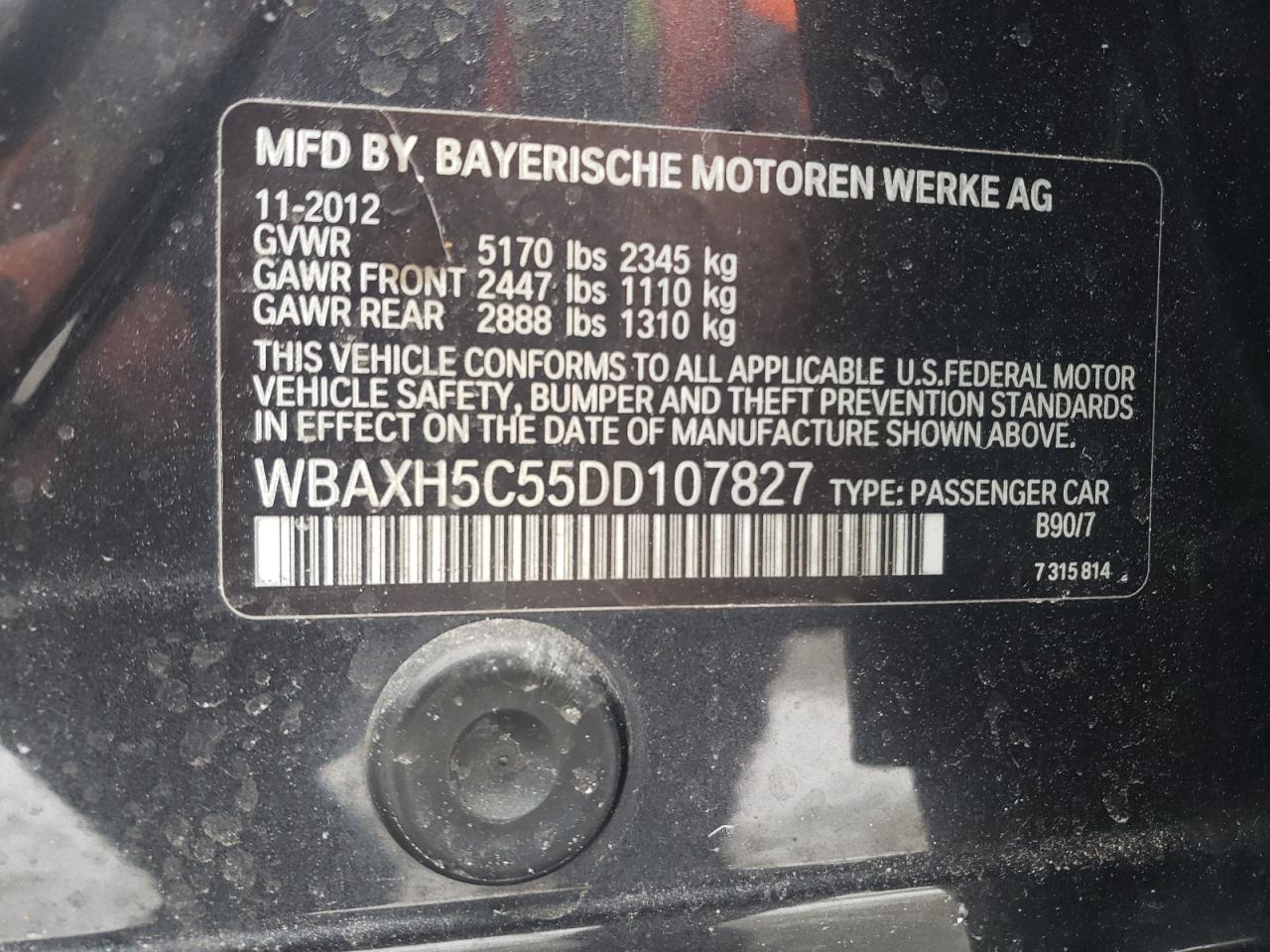 2013 BMW 5er VIN WBAXH5C55DD107827 Copart auction photo, front end damage thumbnail 12