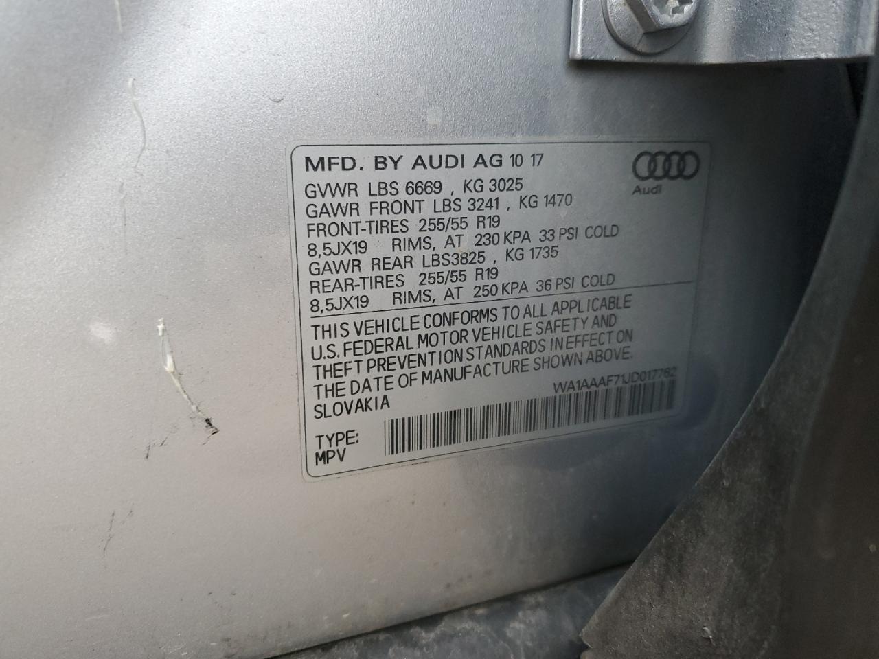 2018 Audi Q7 VIN WA1AAAF71JD017762 Copart auction photo, all over damage thumbnail 13
