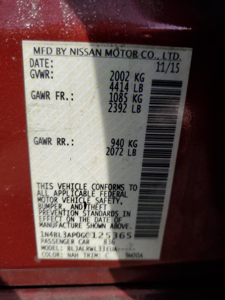 2016 Nissan Altima VIN 1N4BL3AP0GC125365 Copart auction photo, rear end / front end damage thumbnail 13