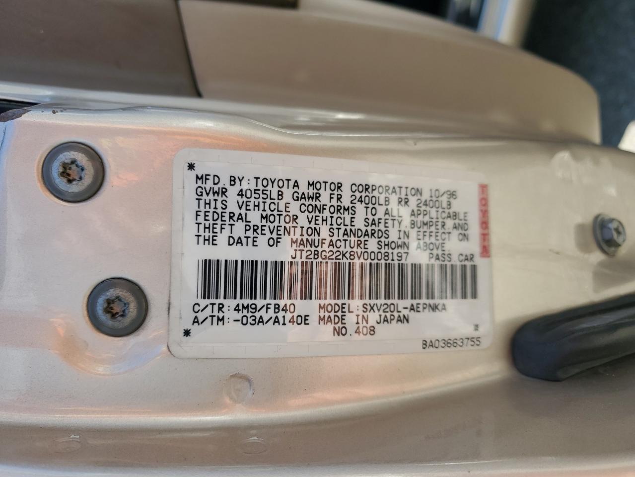1997 Toyota Camry VIN JT2BG22K8V0008197 Copart auction photo, side damage thumbnail 12