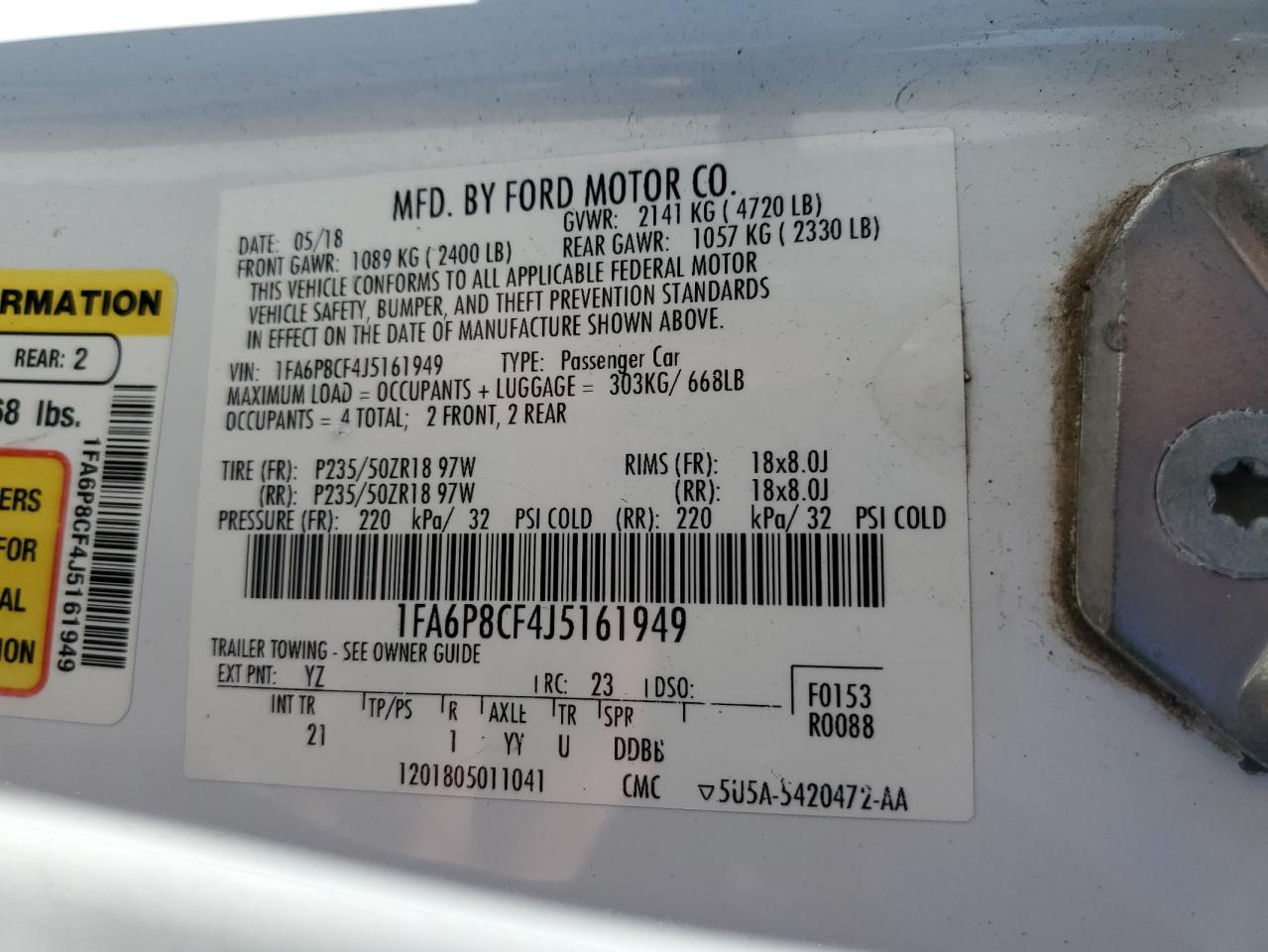 2018 Ford Mustang VIN 1FA6P8CF4J5161949 Copart auction photo, front end damage thumbnail 14
