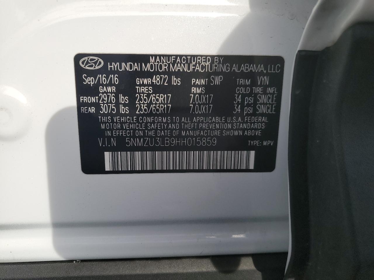 2017 Hyundai Santa Fe VIN 5NMZU3LB9HH015859 Copart auction photo, front end damage thumbnail 15