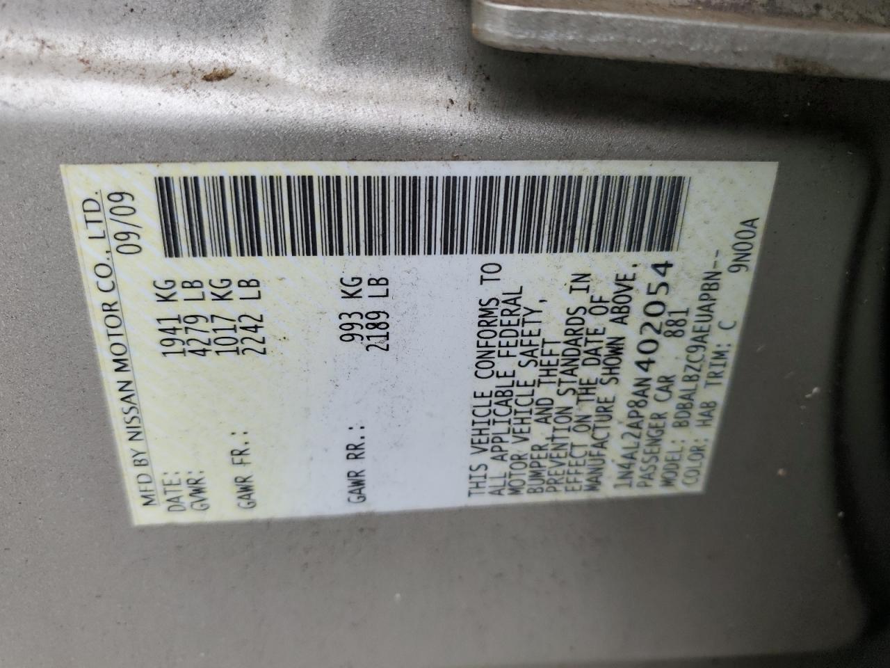 2010 Nissan Altima VIN 1N4AL2AP8AN402054 Copart auction photo, water/flood / minor dent/scratches damage thumbnail 13