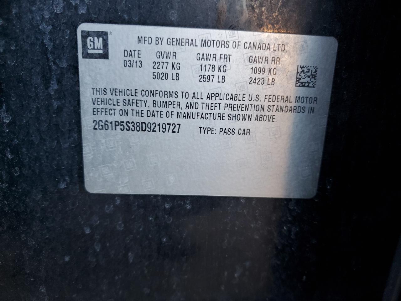 2013 Cadillac XTS VIN 2G61P5S38D9219727 Copart auction photo, rear end damage thumbnail 13