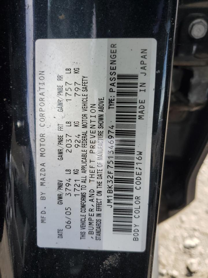 2005 Mazda 3 VIN JM1BK32F751346974 Copart auction photo, all over / water/flood damage thumbnail 12