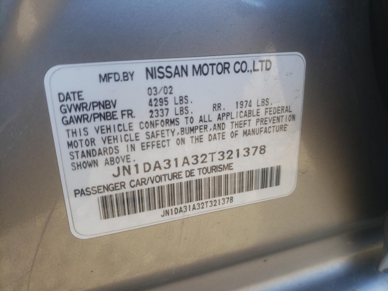 2002 Nissan Maxima VIN JN1DA31A32T321378 Copart auction photo, rear end damage thumbnail 12
