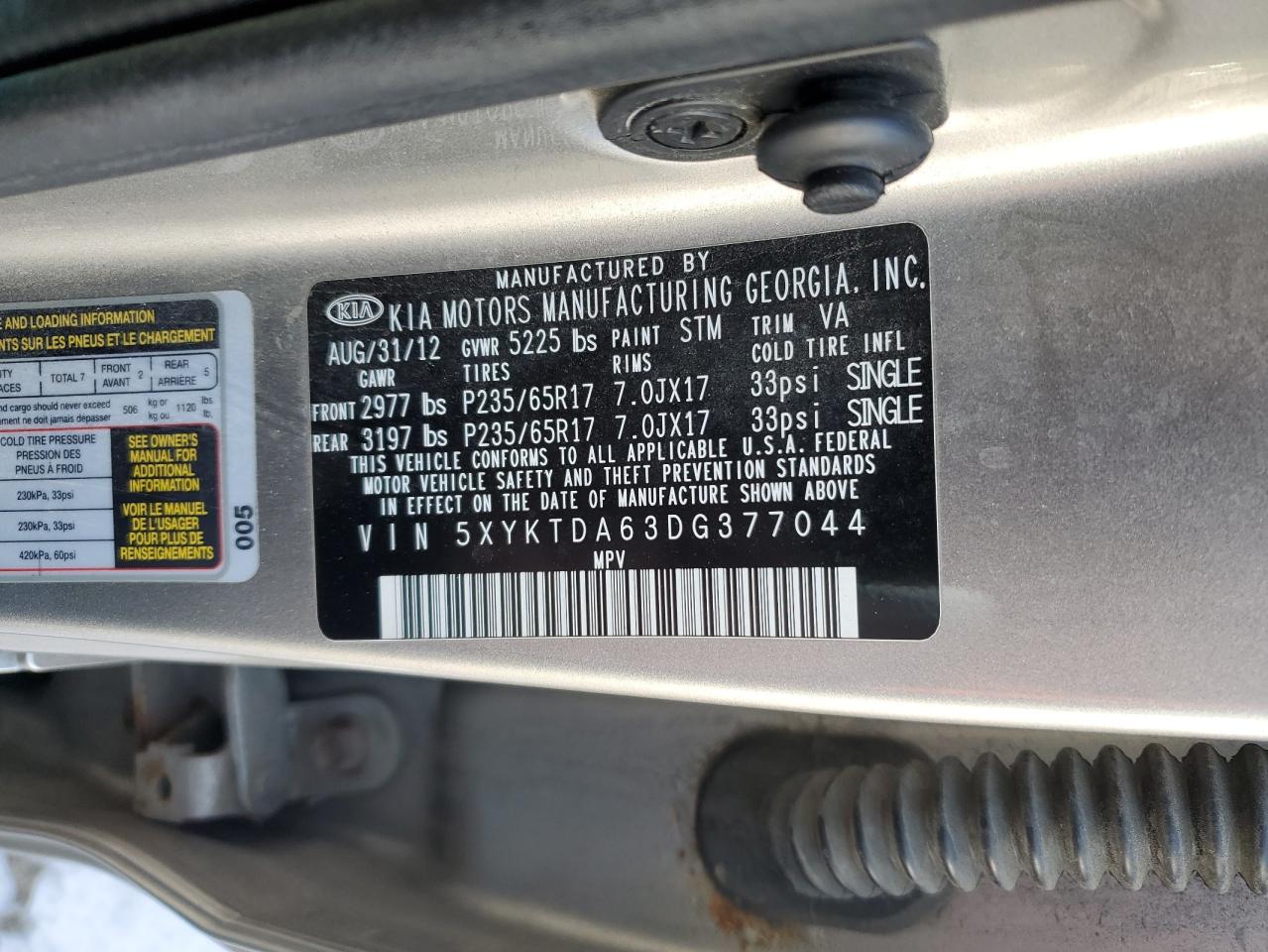 2013 KIA Sorento VIN 5XYKTDA63DG377044 Copart auction photo, normal wear / minor dent/scratches damage thumbnail 13