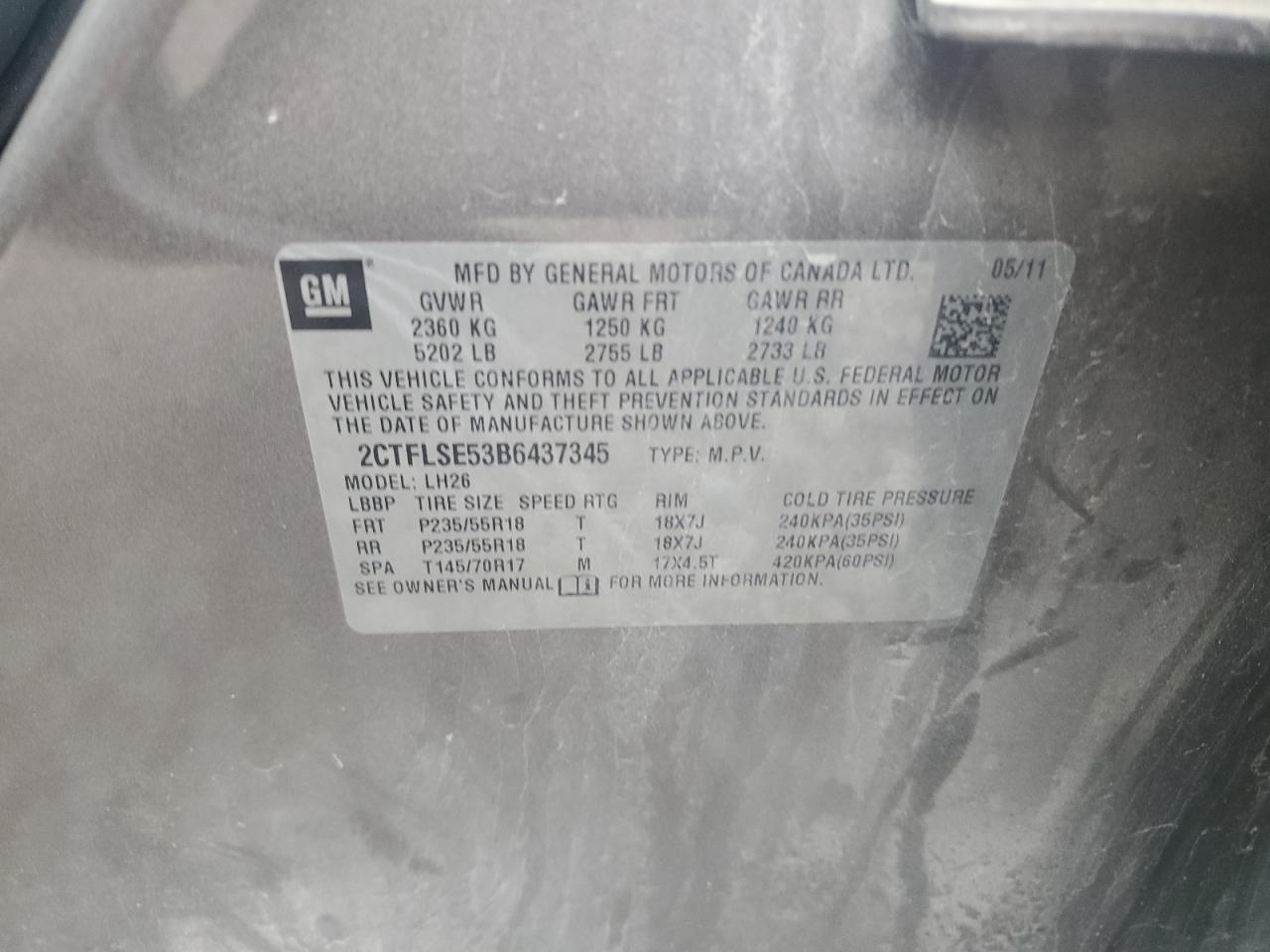 2011 GMC Terrain VIN 2CTFLSE53B6437345 Copart auction photo, front end damage thumbnail 13