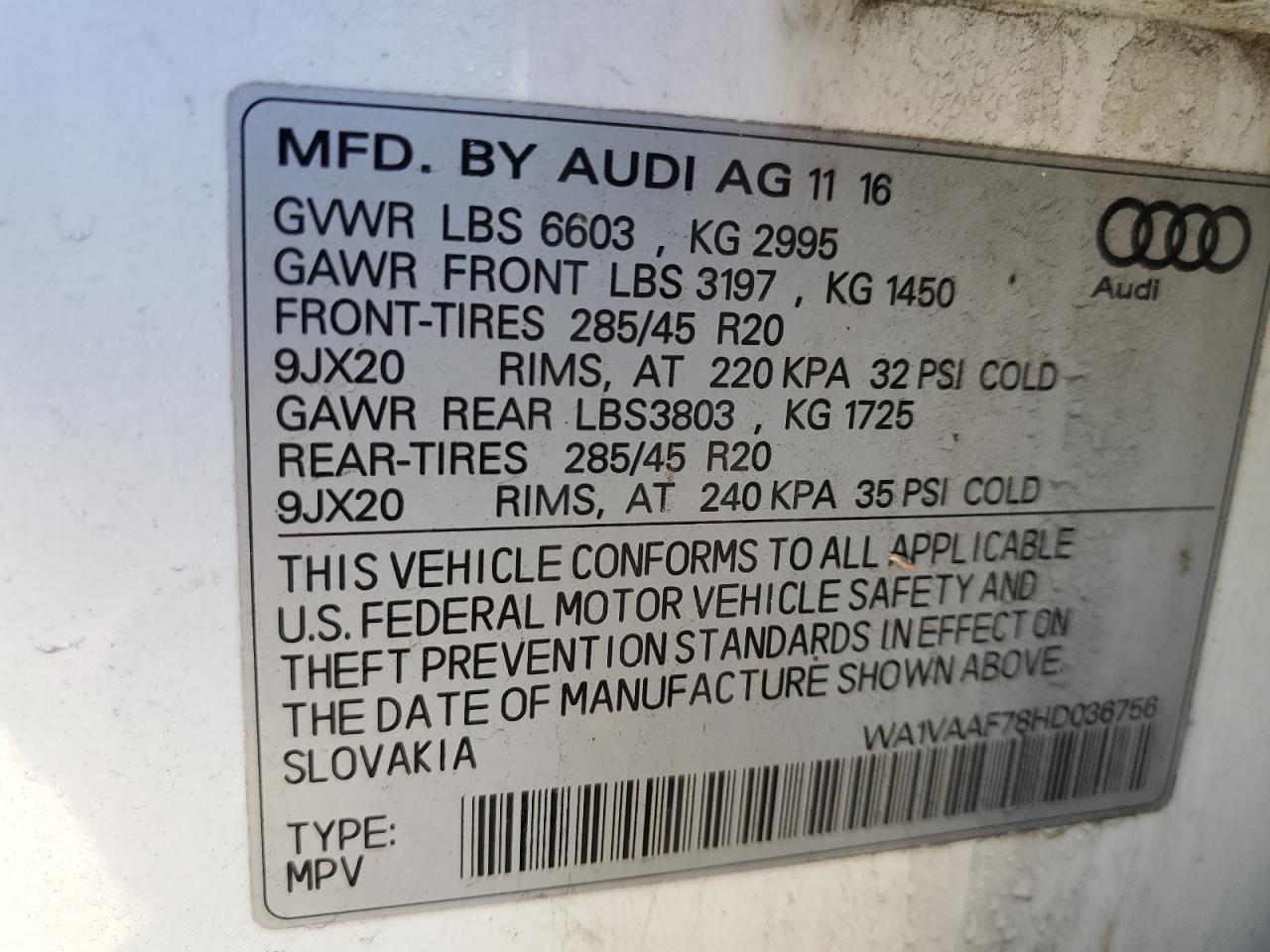 2017 Audi Q7 VIN WA1VAAF78HD036756 Copart auction photo, mechanical damage thumbnail 13