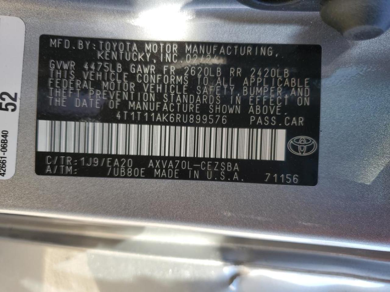 2024 Toyota Camry VIN 4T1T11AK6RU899576 Copart auction photo, front end / side damage thumbnail 15