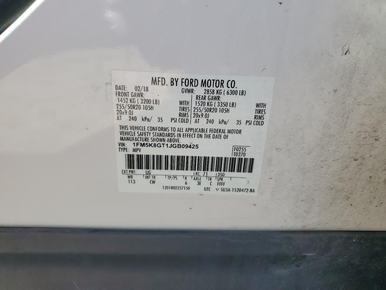 2018 Ford Explorer VIN 1FM5K8GT1JGB09425 Copart auction photo, front end damage thumbnail 13