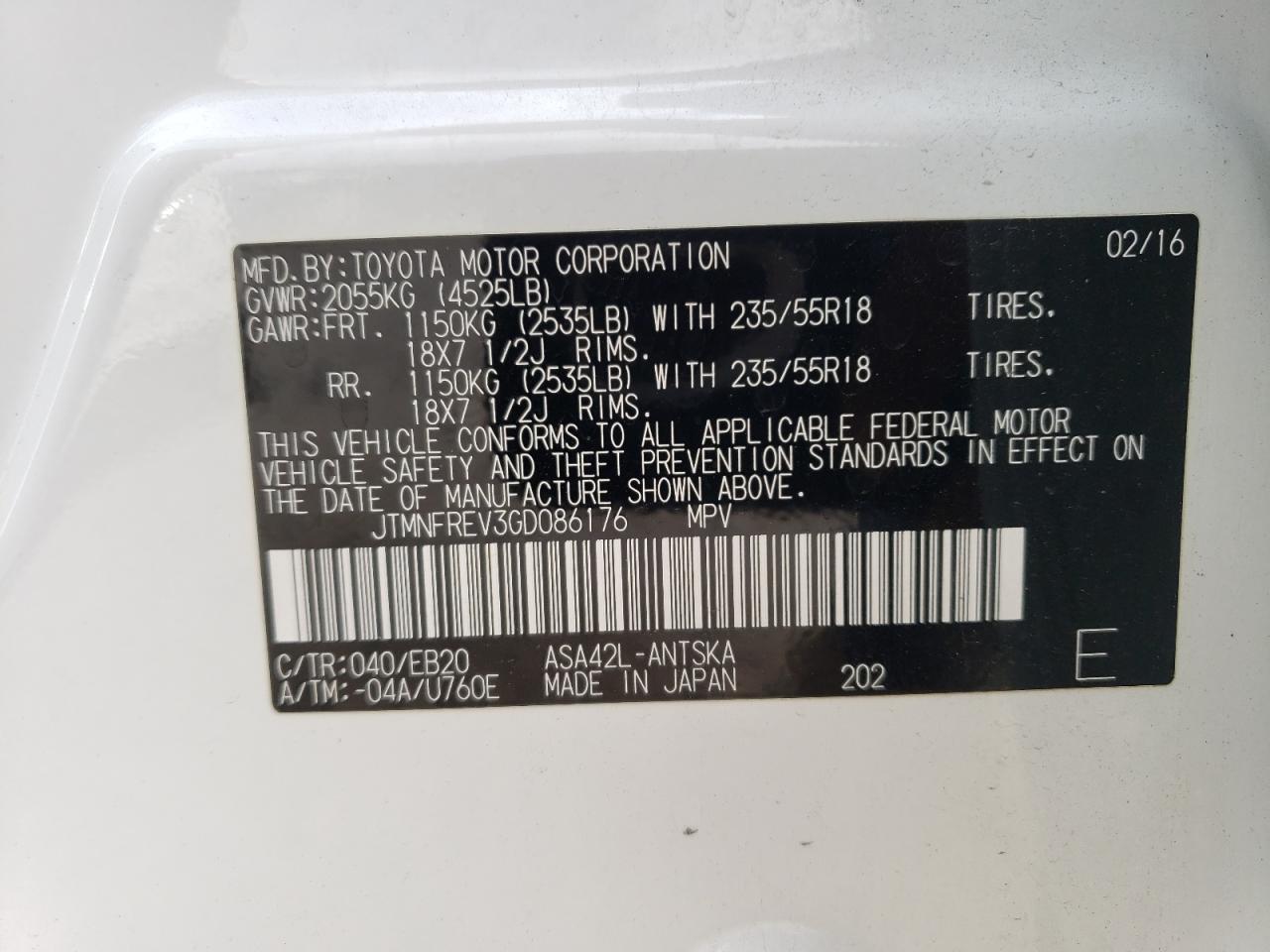 2016 Toyota RAV 4 VIN JTMNFREV3GD086176 Copart auction photo, front end damage thumbnail 15