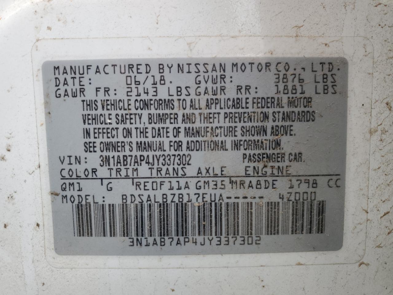 2018 Nissan Sentra VIN 3N1AB7AP4JY337302 Copart auction photo, burn / minor dent/scratches damage thumbnail 13
