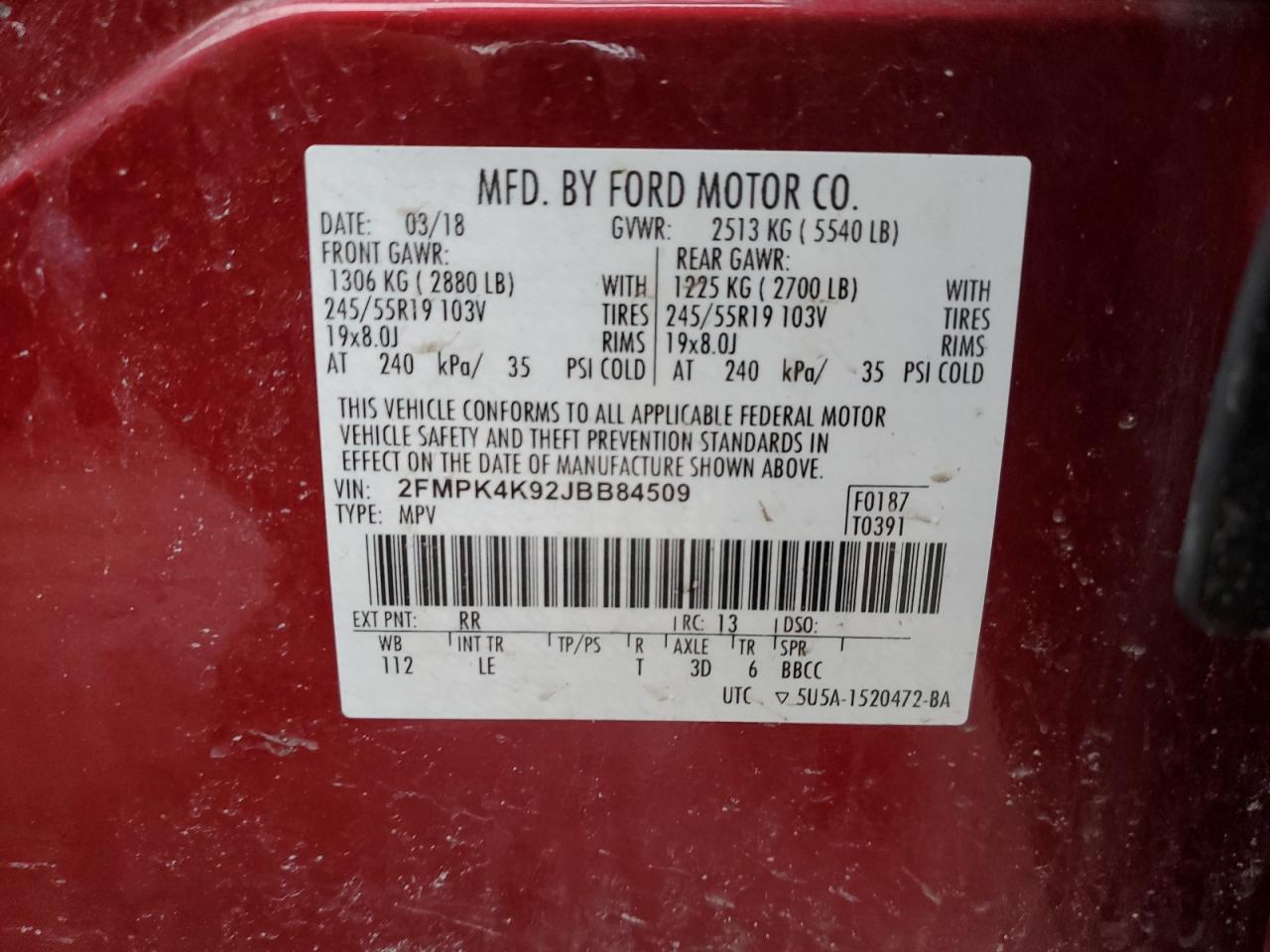 2018 Ford Edge VIN 2FMPK4K92JBB84509 Copart auction photo, front end damage thumbnail 14