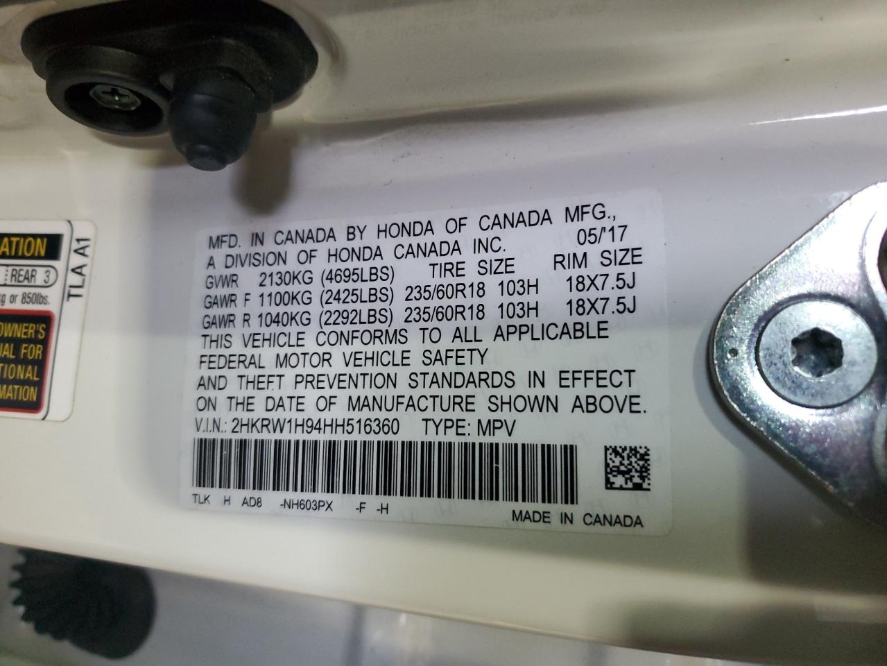 2017 Honda CR-V VIN 2HKRW1H94HH516360 Copart auction photo, front end / side damage thumbnail 13