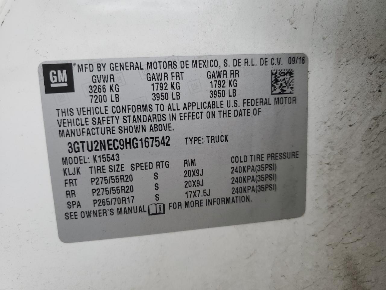2017 GMC Sierra VIN 3GTU2NEC9HG167542 Copart auction photo, front end damage thumbnail 13