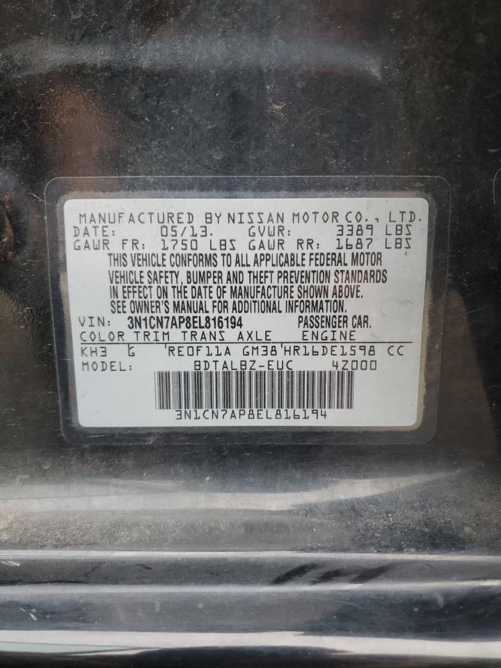 2014 Nissan Versa VIN 3N1CN7AP8EL816194 Copart auction photo, front end damage thumbnail 12
