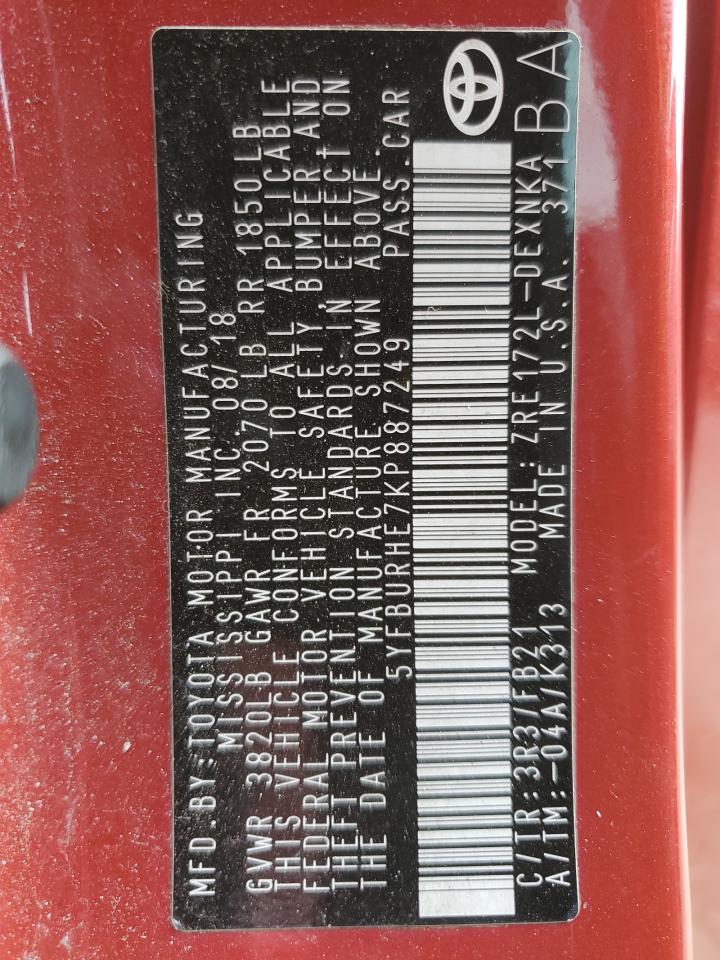 2019 Toyota Corolla VIN 5YFBURHE7KP887249 Copart auction photo, front end damage thumbnail 13