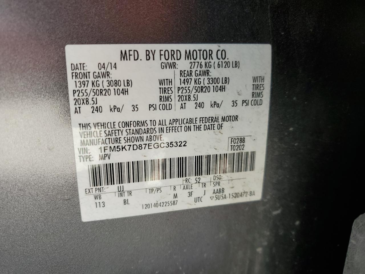2014 Ford Explorer VIN 1FM5K7D87EGC35322 Copart auction photo, front end / minor dent/scratches damage thumbnail 14
