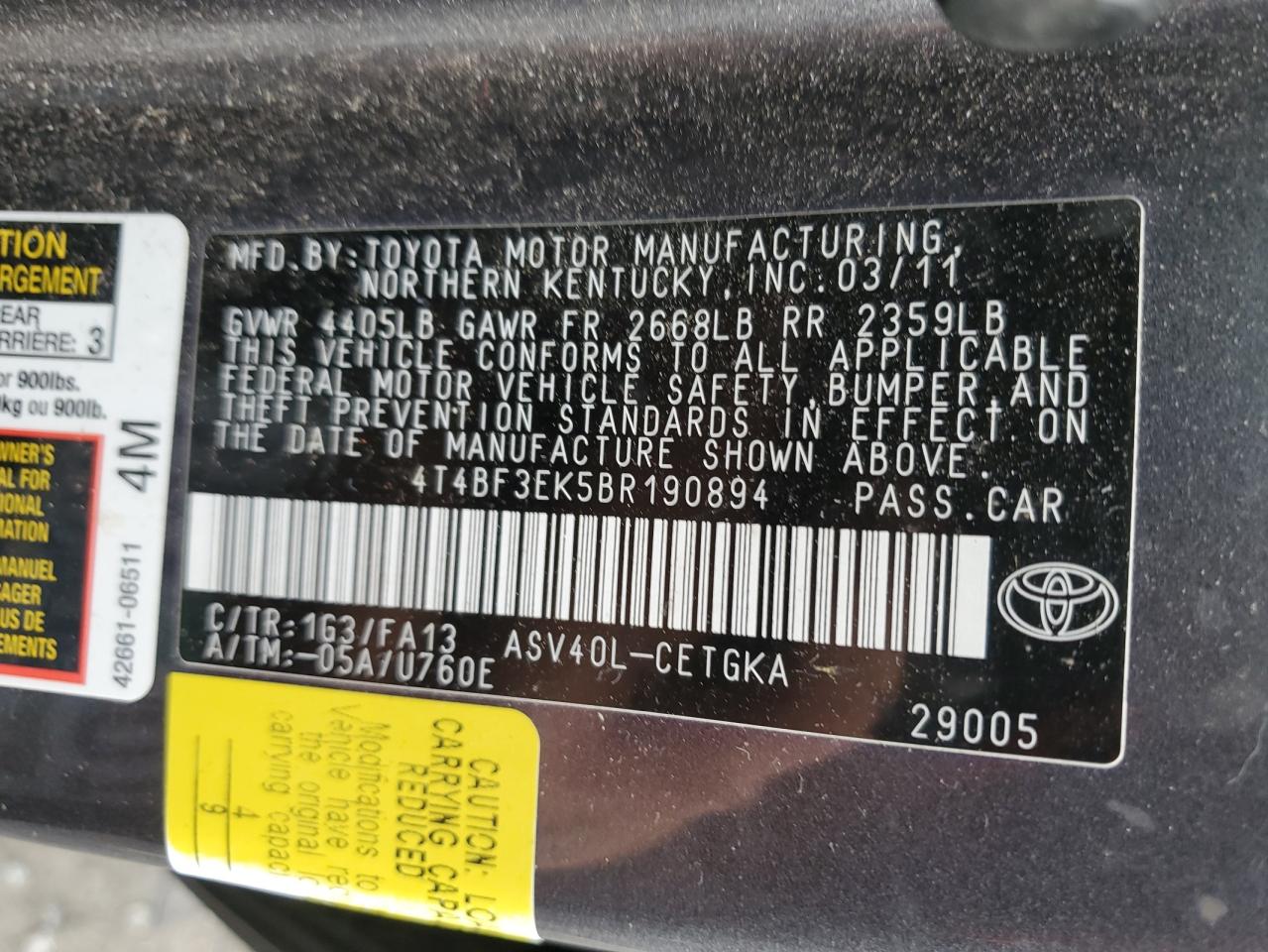 2011 Toyota Camry VIN 4T4BF3EK5BR190894 Copart auction photo, rear end damage thumbnail 12