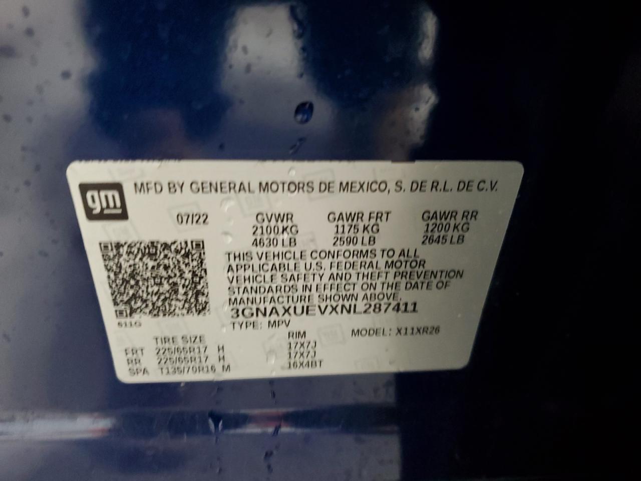 2022 Chevrolet Equinox VIN 3GNAXUEVXNL287411 Copart auction photo, front end damage thumbnail 14