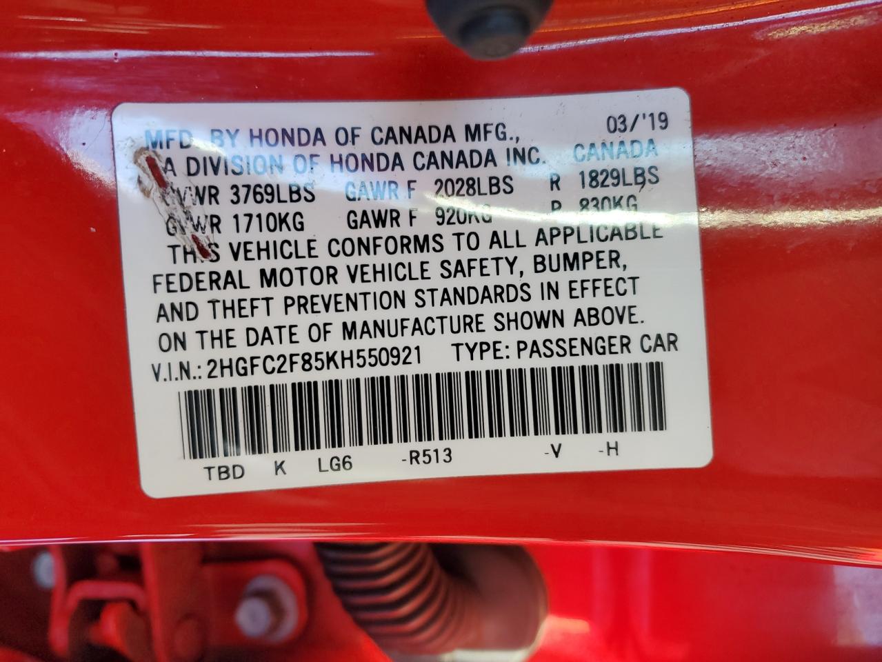 2019 Honda Civic VIN 2HGFC2F85KH550921 Copart auction photo, front end damage thumbnail 14