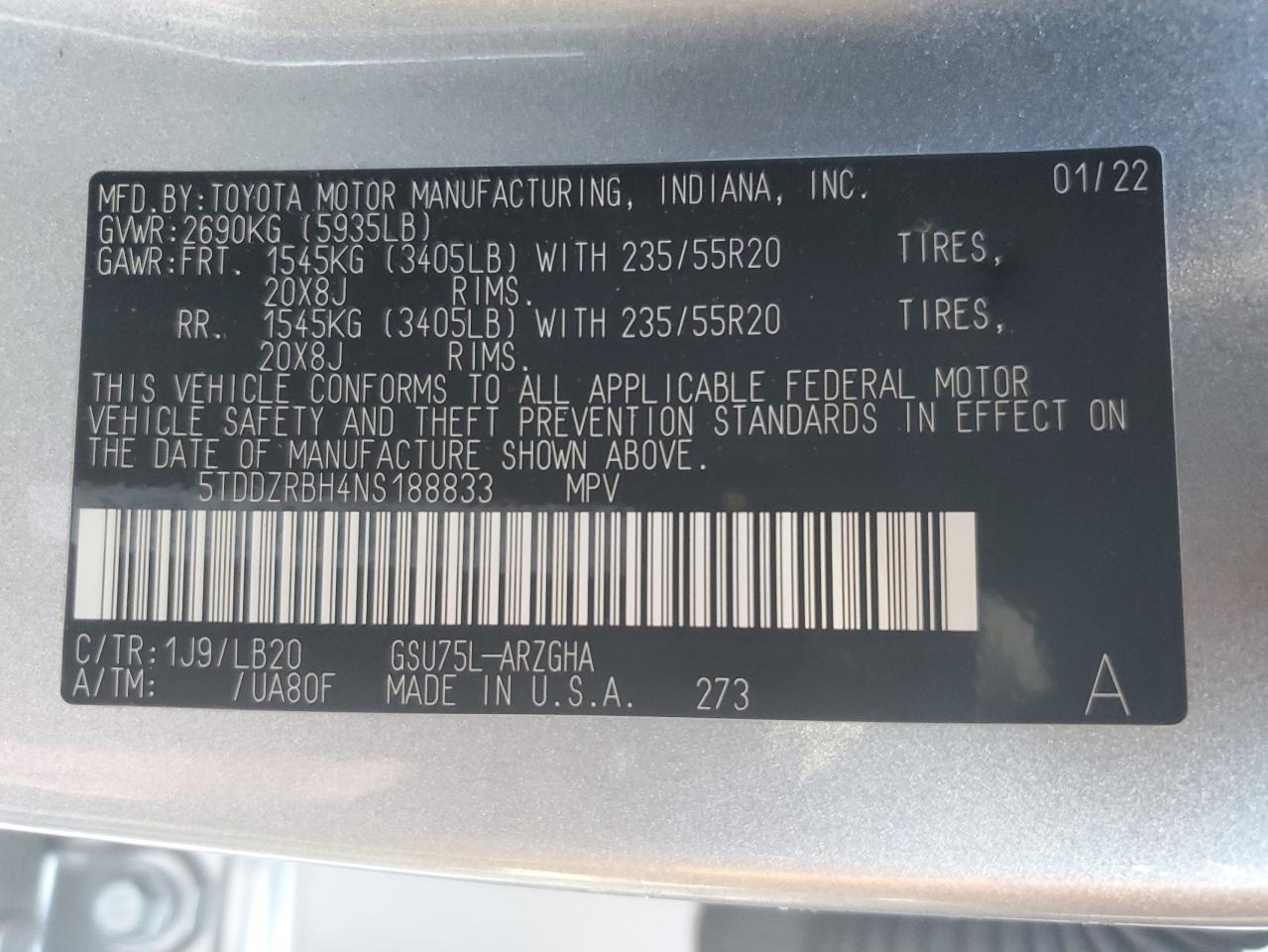 2022 Toyota Highlander VIN 5TDDZRBH4NS188833 Copart auction photo, front end / side damage thumbnail 15