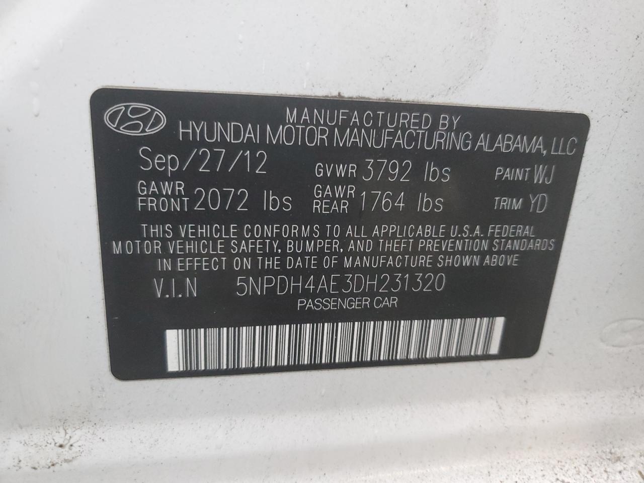 2013 Hyundai Elantra VIN 5NPDH4AE3DH231320 Copart auction photo, front end / side damage thumbnail 13
