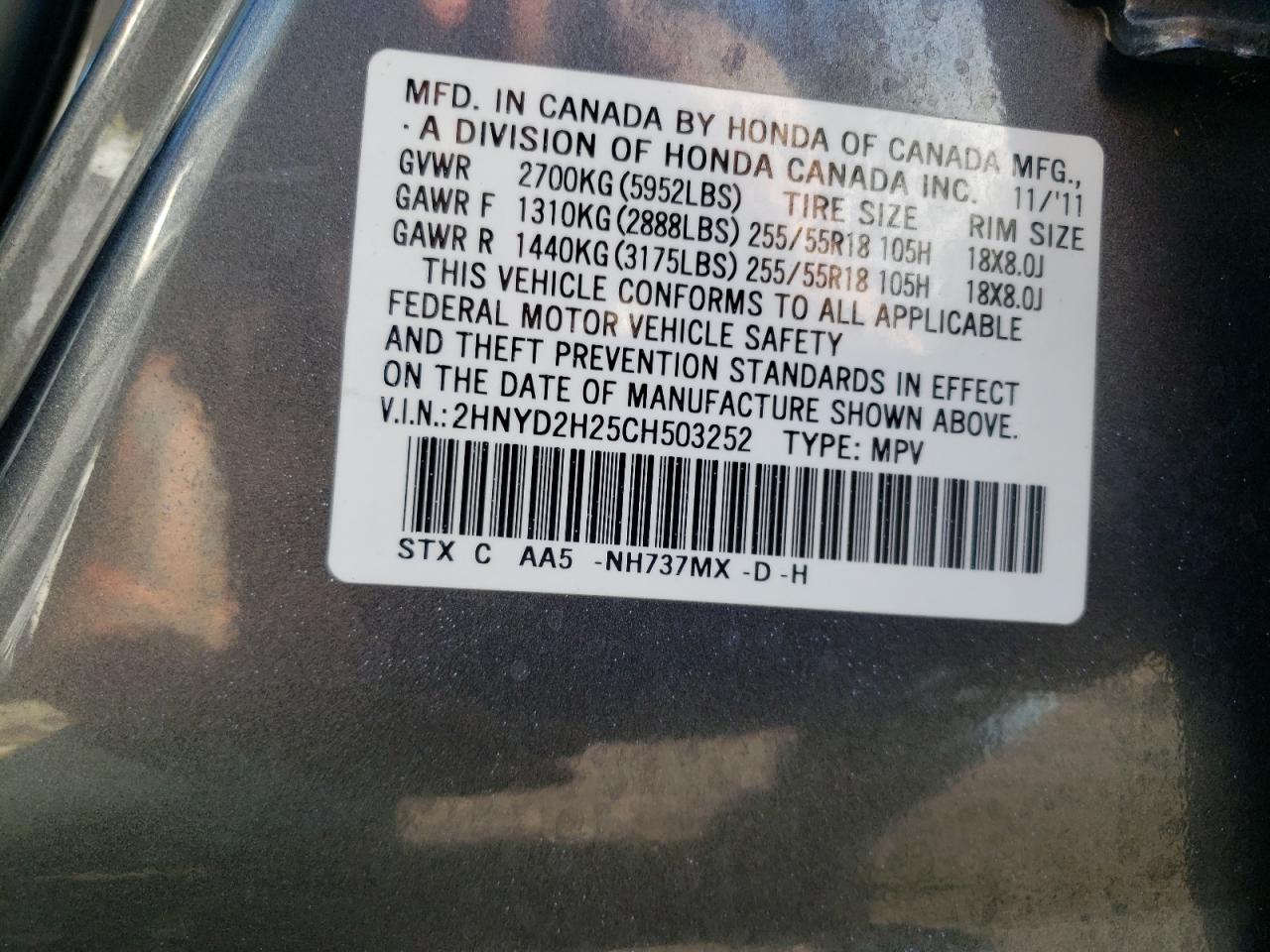2012 Acura MDX VIN 2HNYD2H25CH503252 Copart auction photo, front end damage thumbnail 13