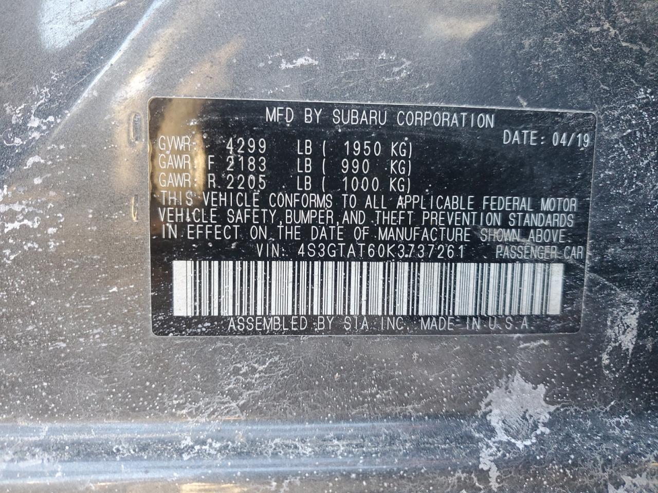 2019 Subaru Impreza VIN 4S3GTAT60K3737261 Copart auction photo, front end damage thumbnail 12