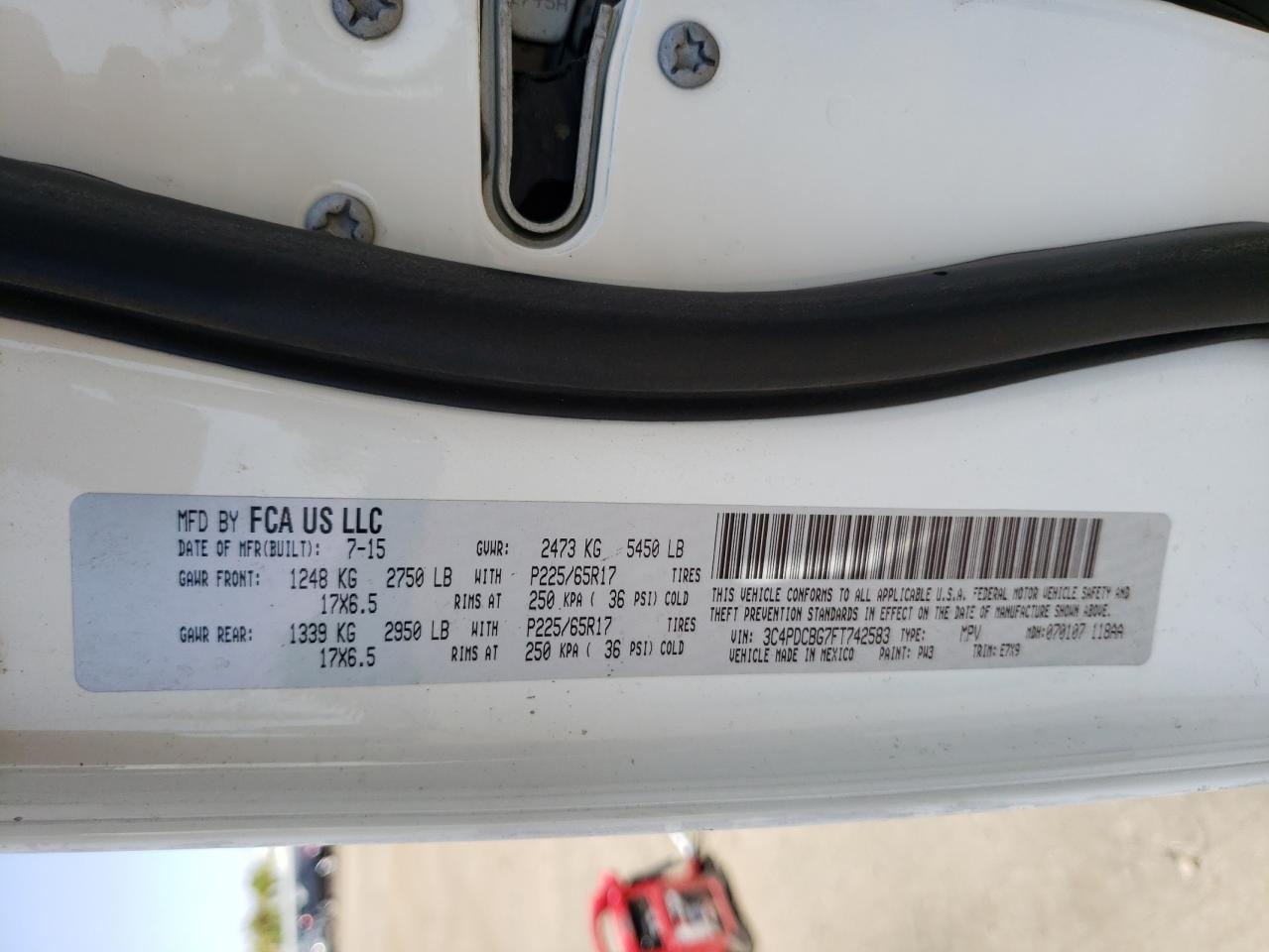 2015 Dodge Journey VIN 3C4PDCBG7FT742583 Copart auction photo, front end / undercarriage damage thumbnail 10