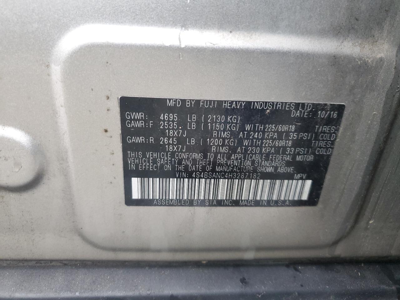 2017 Subaru Outback VIN 4S4BSANC4H3287182 Copart auction photo, rear end damage thumbnail 16