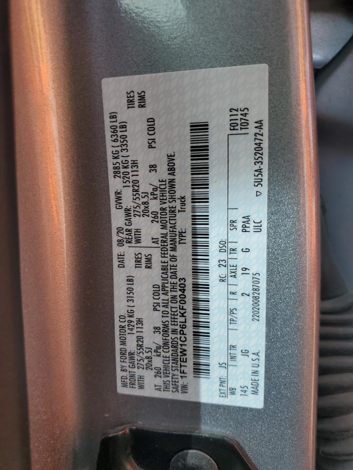 2020 Ford F-150 VIN 1FTEW1CP6LKF00403 Copart auction photo, rear end damage thumbnail 12