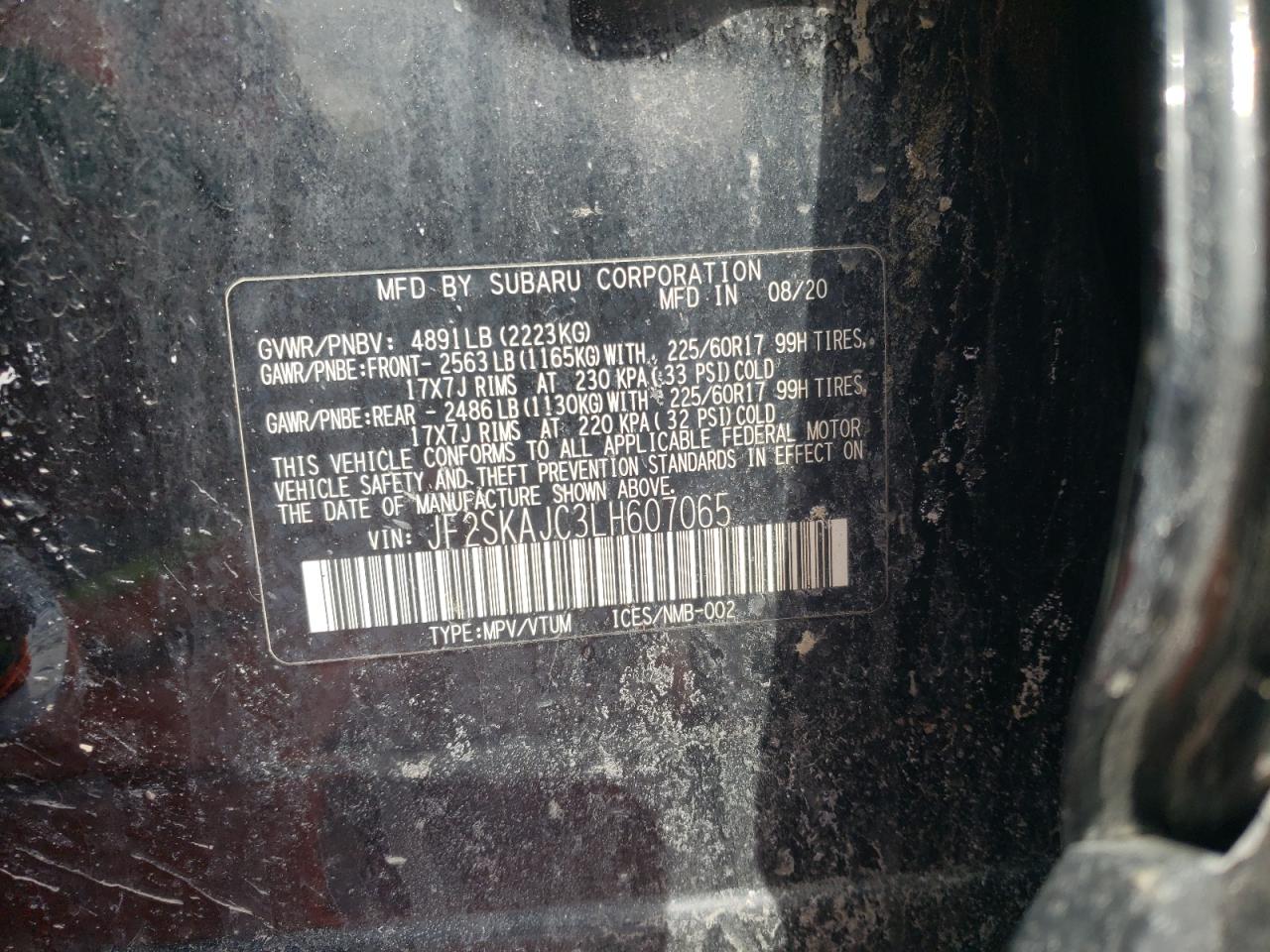 2020 Subaru Forester VIN JF2SKAJC3LH607065 Copart auction photo, rear end / side damage thumbnail 13