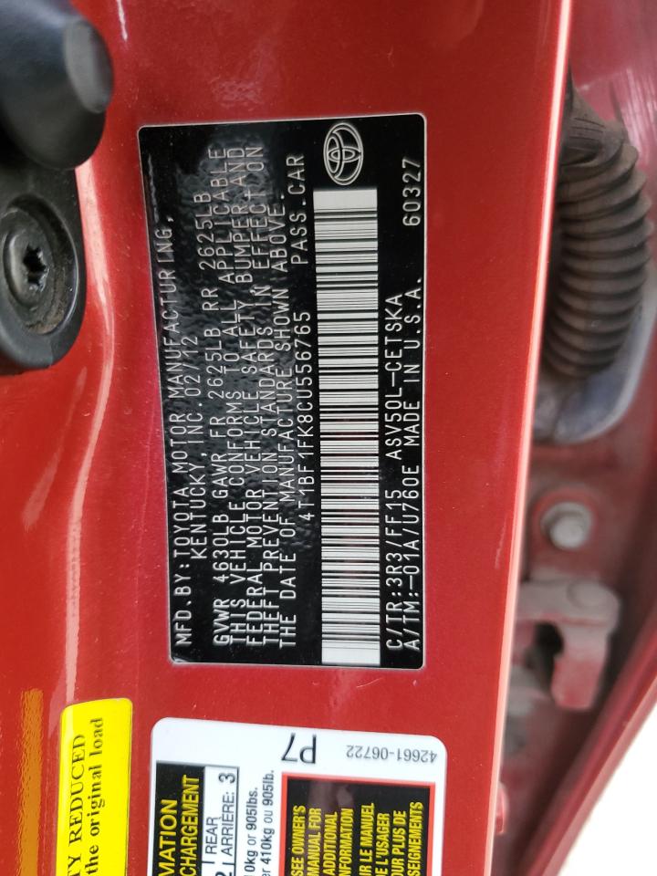 2012 Toyota Camry VIN 4T1BF1FK8CU556765 Copart auction photo, front end damage thumbnail 14