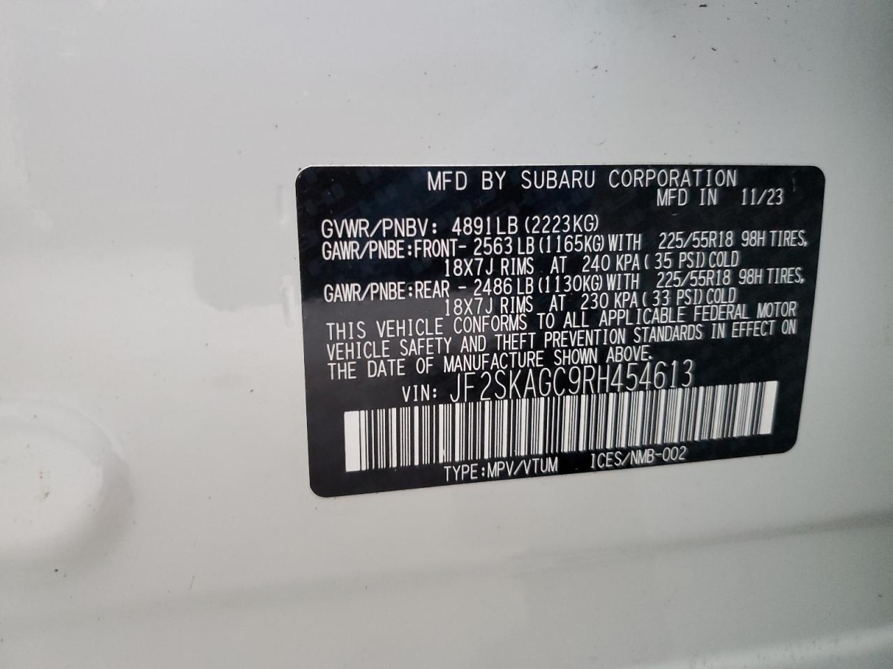 2024 Subaru Forester VIN JF2SKAGC9RH454613 Copart auction photo, water/flood damage thumbnail 13