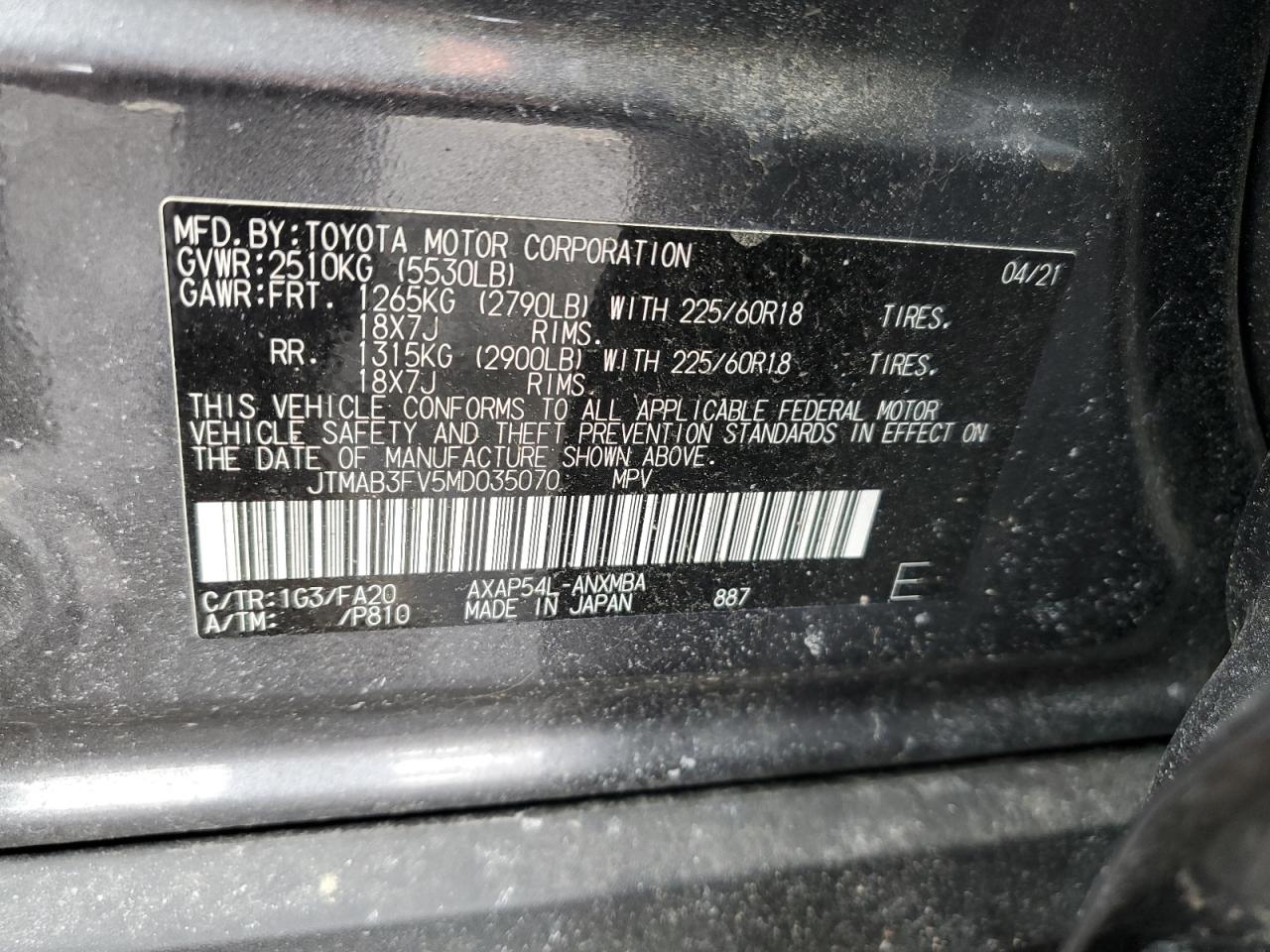 2021 Toyota RAV 4 VIN JTMAB3FV5MD035070 Copart auction photo, mechanical damage thumbnail 13