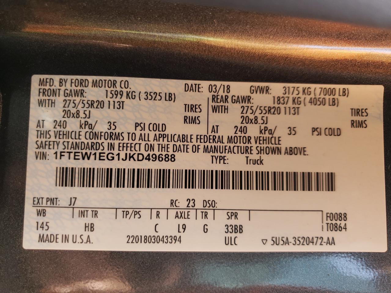 2018 Ford F-150 VIN 1FTEW1EG1JKD49688 Copart auction photo, vandalism / hail damage thumbnail 12
