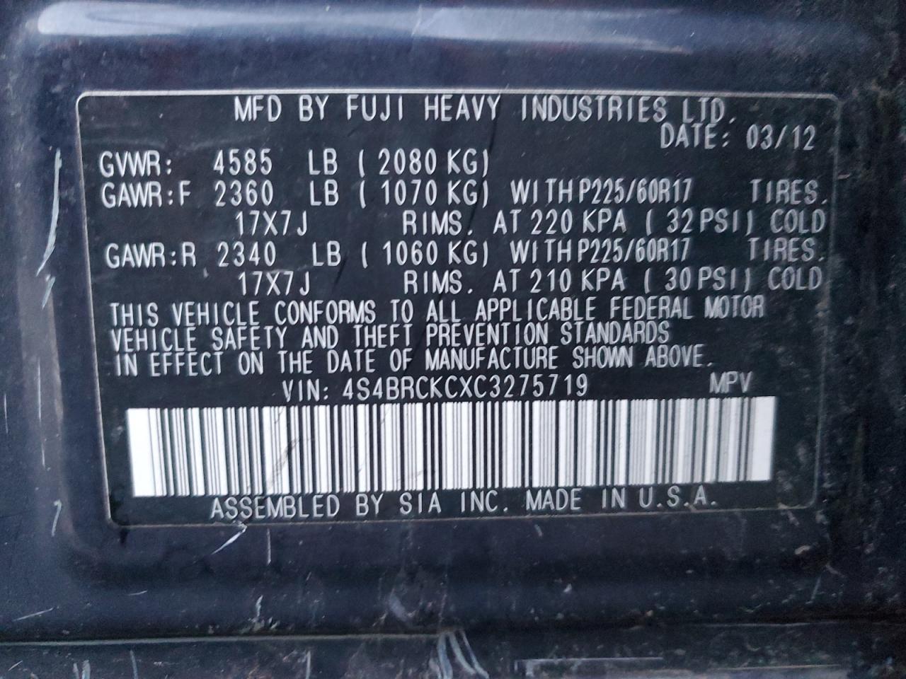 2012 Subaru Outback VIN 4S4BRCKCXC3275719 Copart auction photo, side damage thumbnail 14