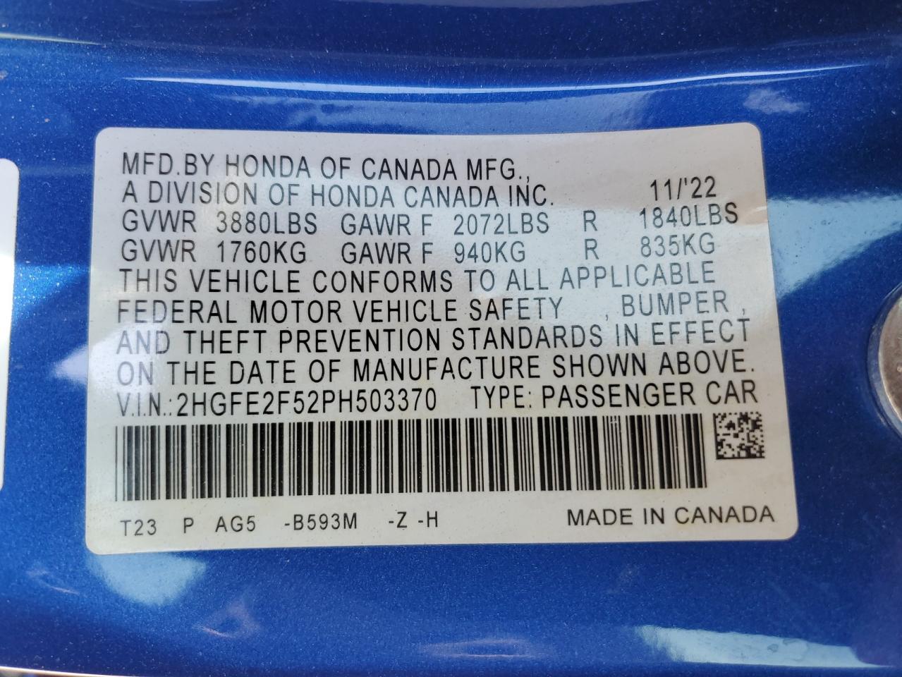 2023 Honda Civic VIN 2HGFE2F52PH503370 Copart auction photo, side damage thumbnail 14