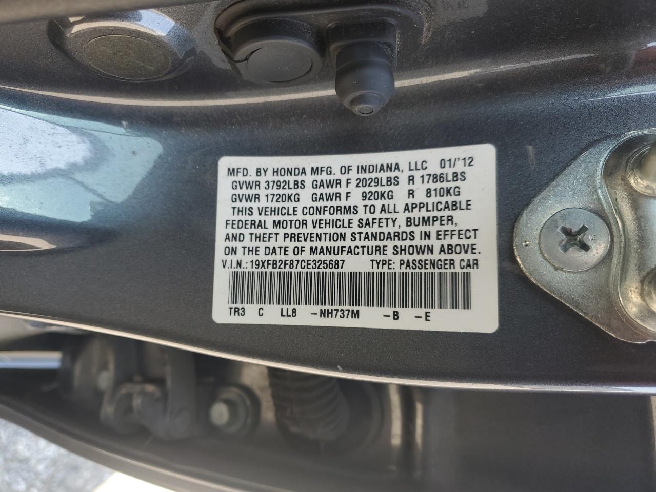 2012 Honda Civic VIN 19XFB2F87CE325687 Copart auction photo, side damage thumbnail 12