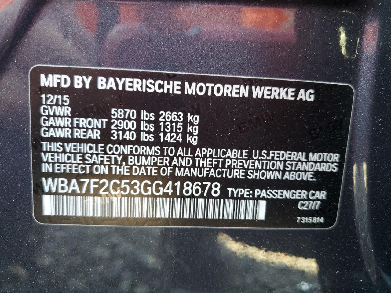 2016 BMW 7er VIN WBA7F2C53GG418678 Copart auction photo, front end / minor dent/scratches damage thumbnail 13